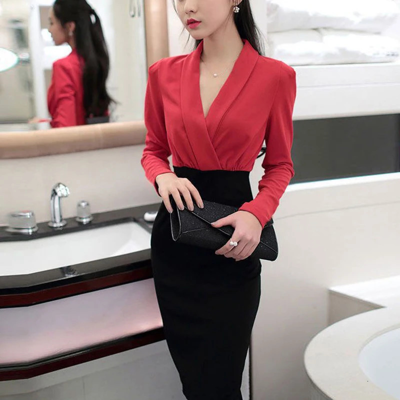 Summer Office Lady Elegant Fashion Patchwork Bodycon Dress Female Temperament Long Sleeve Waist Robe Women's V-neck Vestidos 240106