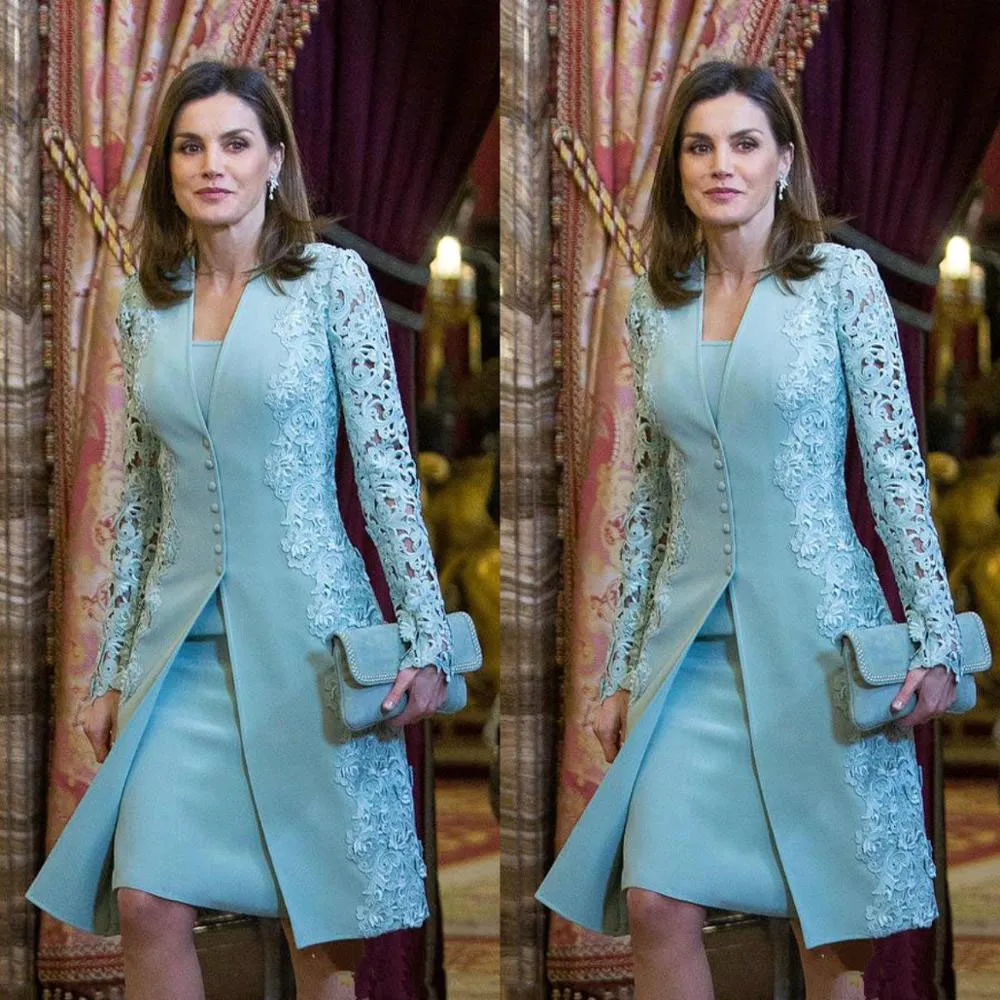 Elegant Mother of The Bride Dresses With Jacket Knee length Sheath Wedding Guest Dress Suit Lace Long Sleeves Chic Formal Party Wear Groom Mom Prom Go