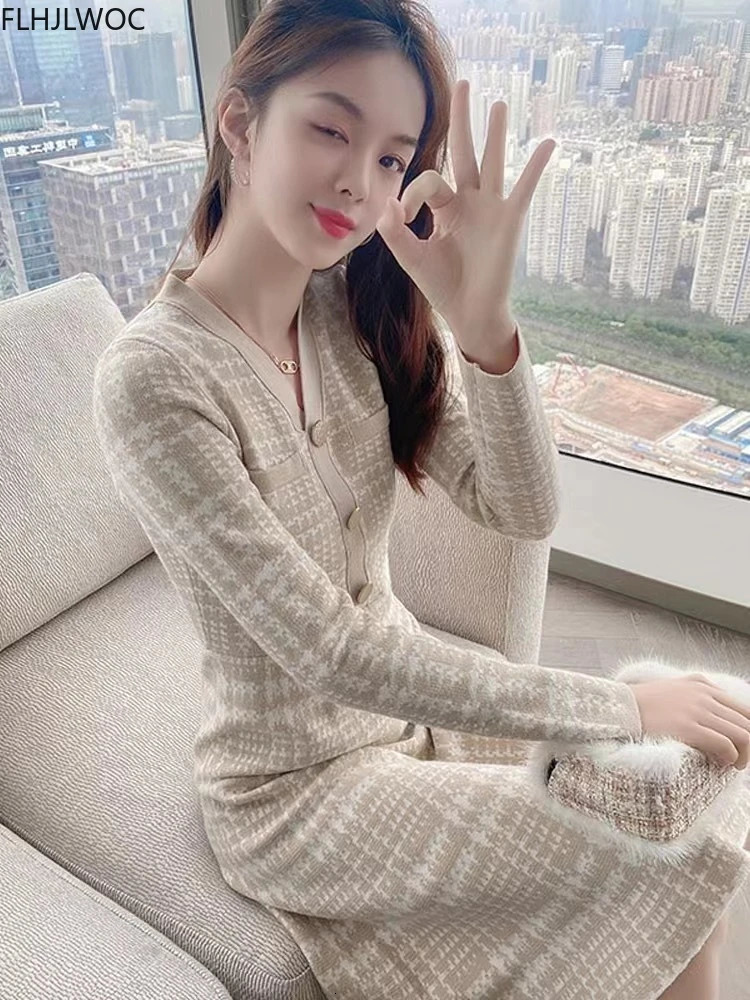 Stretchy Women Knitted Bodycon Sweater Pullover Dress Autumn Winter Vestidos Long Sleeve Slim Lady Chic Korean Plaid Dress 240106