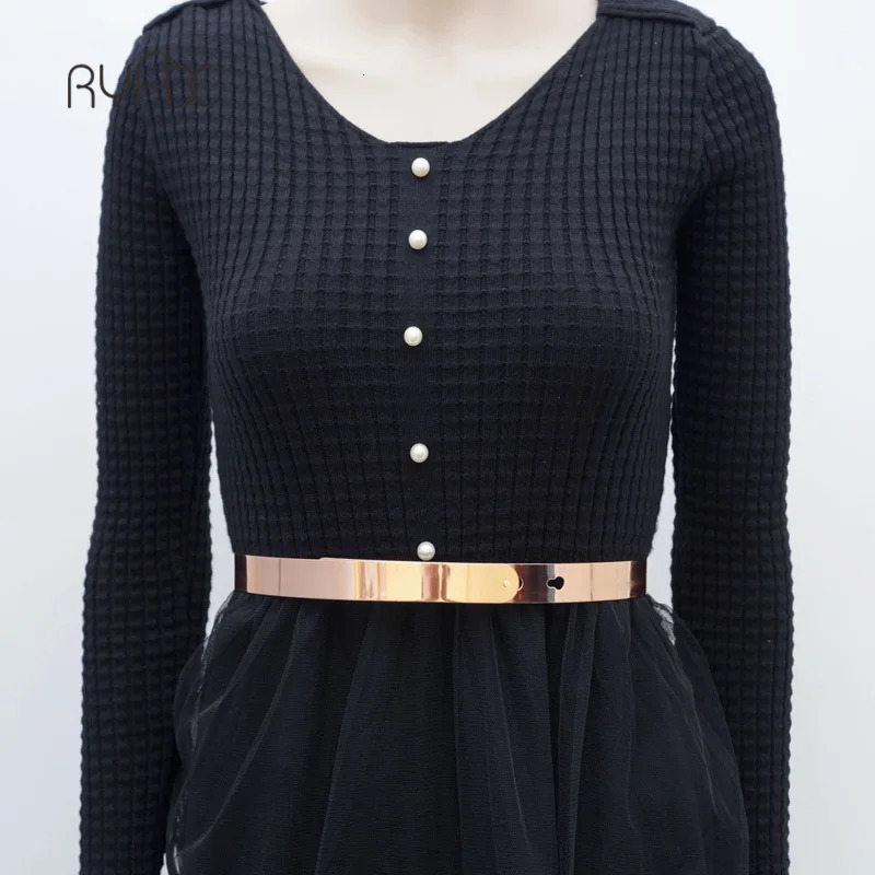 Women Punk Full Metal Mirror Skinny Waist Belt Metallic Rose Gold Plate 2cm 3cm 45cm Wide Chains Ceinture Sashes Dresses 240106