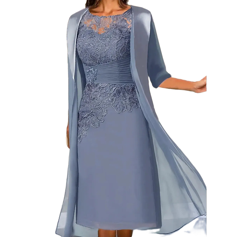 Elegant Knee Length Sheath Mother Of The Bride Dresses With Long Jacket Half Sleeves Lace Appliques Groom Mom Prom Evening Gowns Short Wedding Guest D