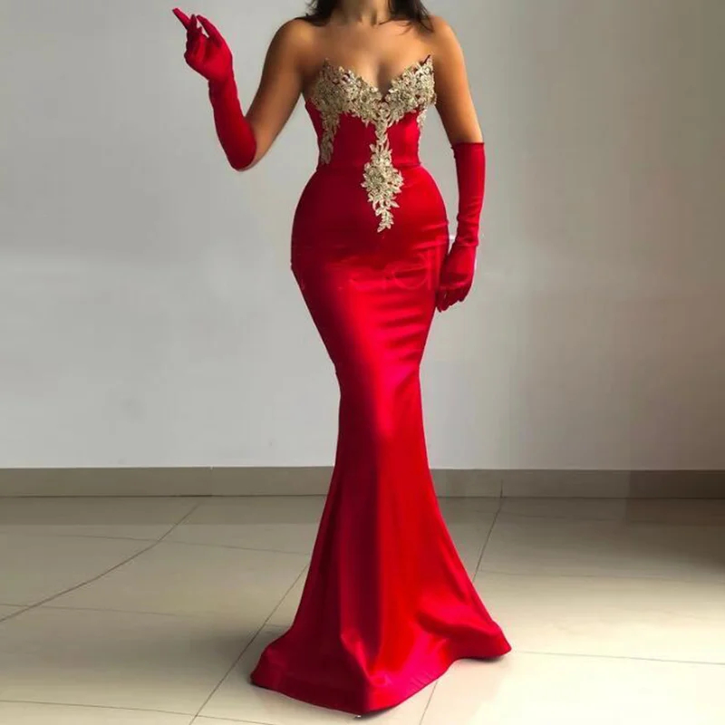 Prom Mermaid Sexy Red Dresses With Detachable Train Gold Lace Appliques Beaded Sweetheart Neck Corset Formal Evening Gowns For Women Pageant Party 666