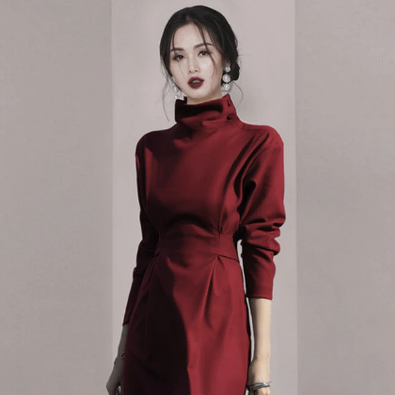 Autumn Elegant OL Temperament Long Dress Women Turtleneck Lace Up Solid Colour Party Dress Korean Vintage Female Clothes 240106