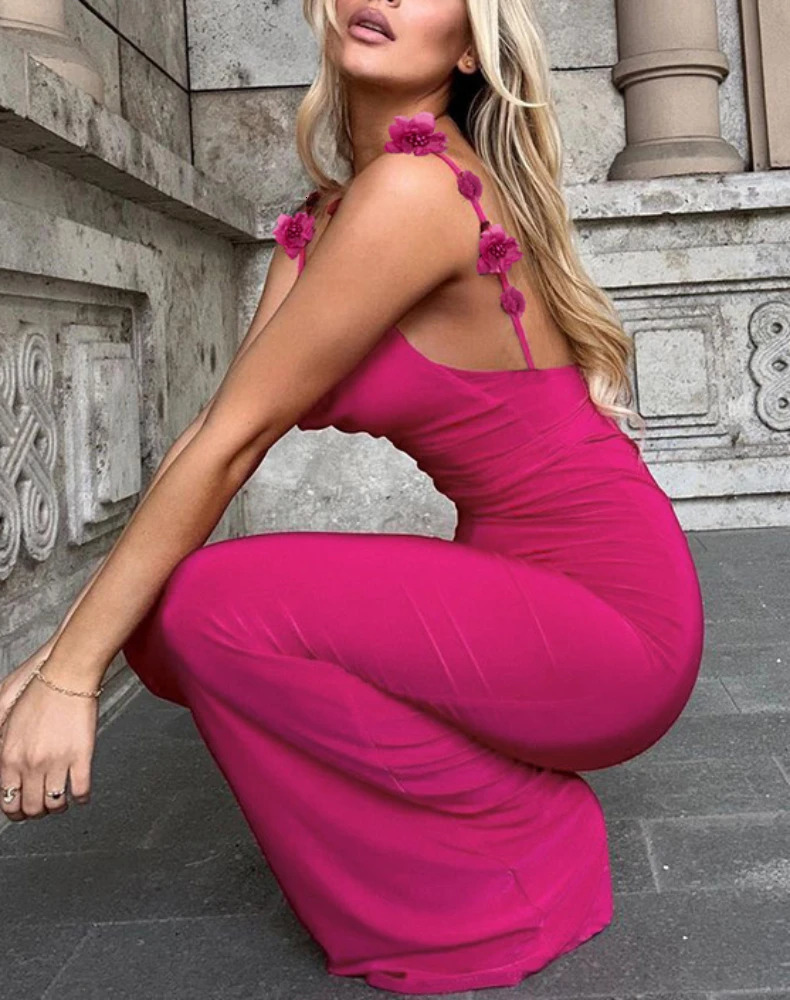 Women Elegant Backless 3D Flower Sleeveless Strap Dress Maxi Dress Sexy Lace Up Bodycon Long Lady Evening Party Gowns Beach Dres 240106