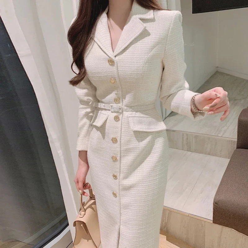 WDMSNA Tweed Long Dress Women Korean Chic French Style Suit Collar Metal Vestidos Single Breasted Lace Up Slim Waist Dresses 240106