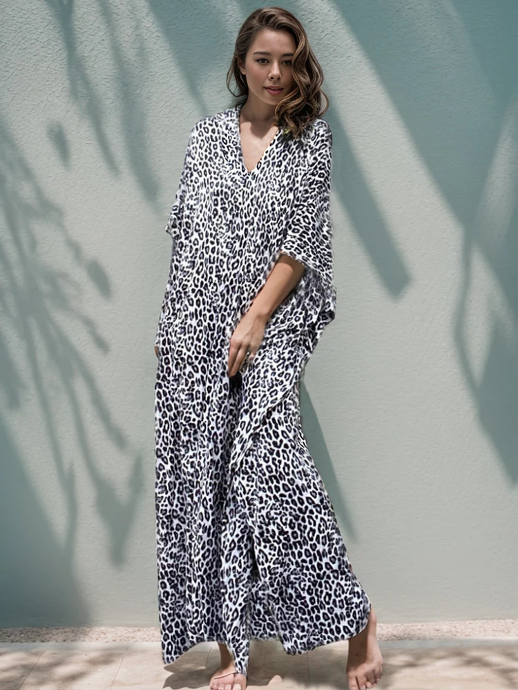 Leopard Self Belted Side Split Summer Beach Dress Long Tunic Women Clothes Plus Size Beachwear Maxi Dresses Q1226 240106