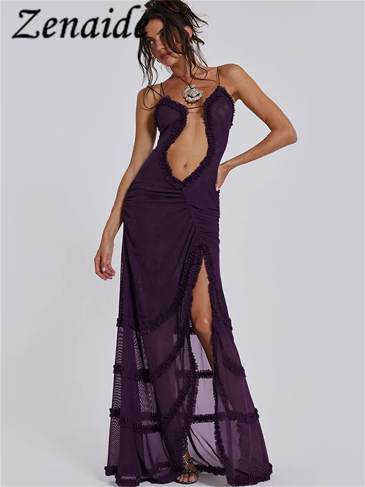 Zenaide Fall Frilly Halter Mesh Print Cut Out Backless Split Maxi Dress Women Elegant Ruched Lace Sexy Sheer Dresses Party Y2K 240106