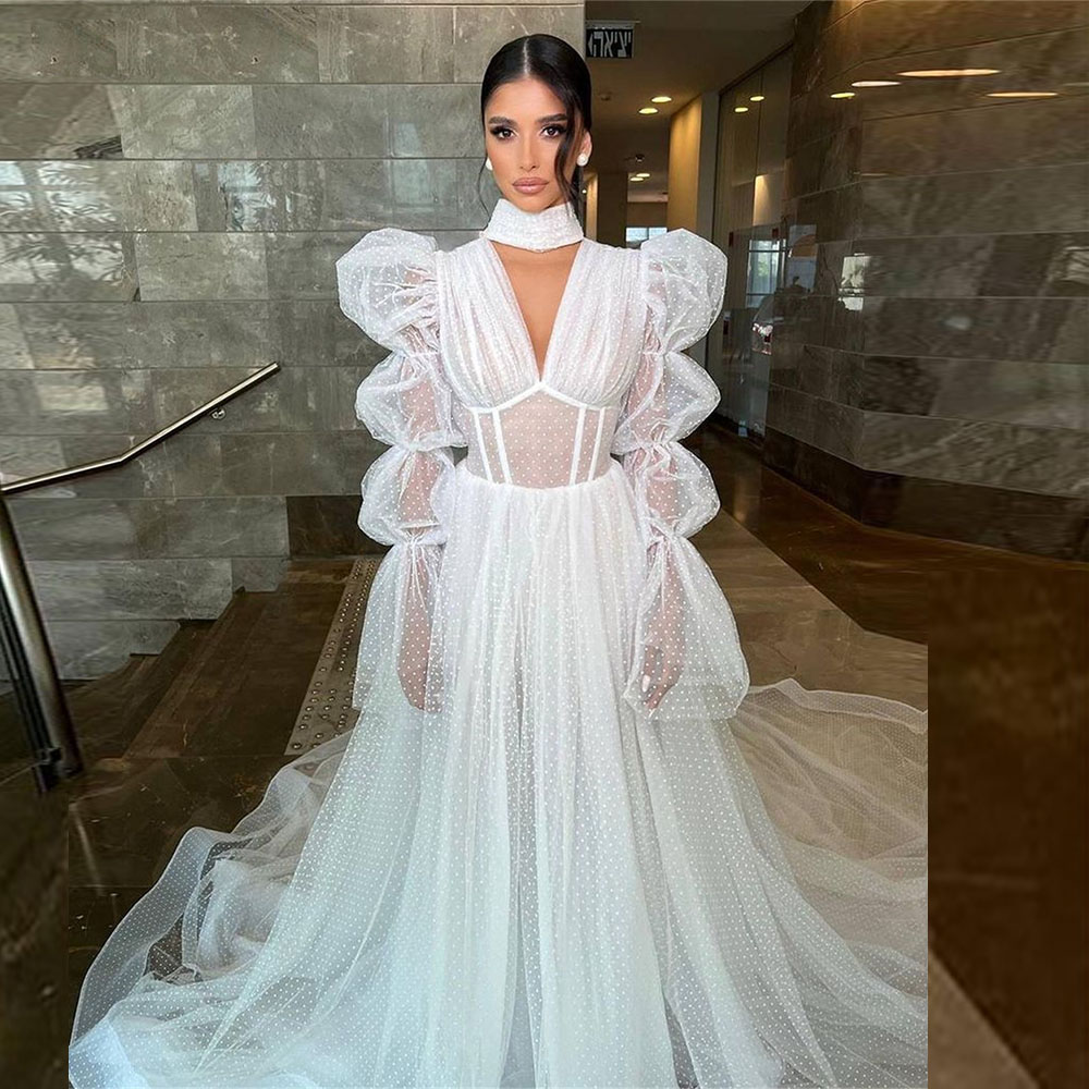 Bohemian Polka New Dot Skirt Wedding Dresses Puff Sleeves Long A Line Illusion Bridal Gowns Sweep Train Robes De Mariage
