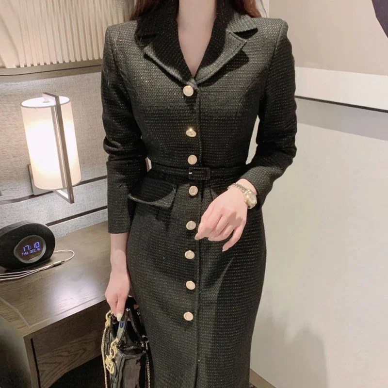 WDMSNA Tweed Long Dress Women Korean Chic French Style Suit Collar Metal Vestidos Single Breasted Lace Up Slim Waist Dresses 240106
