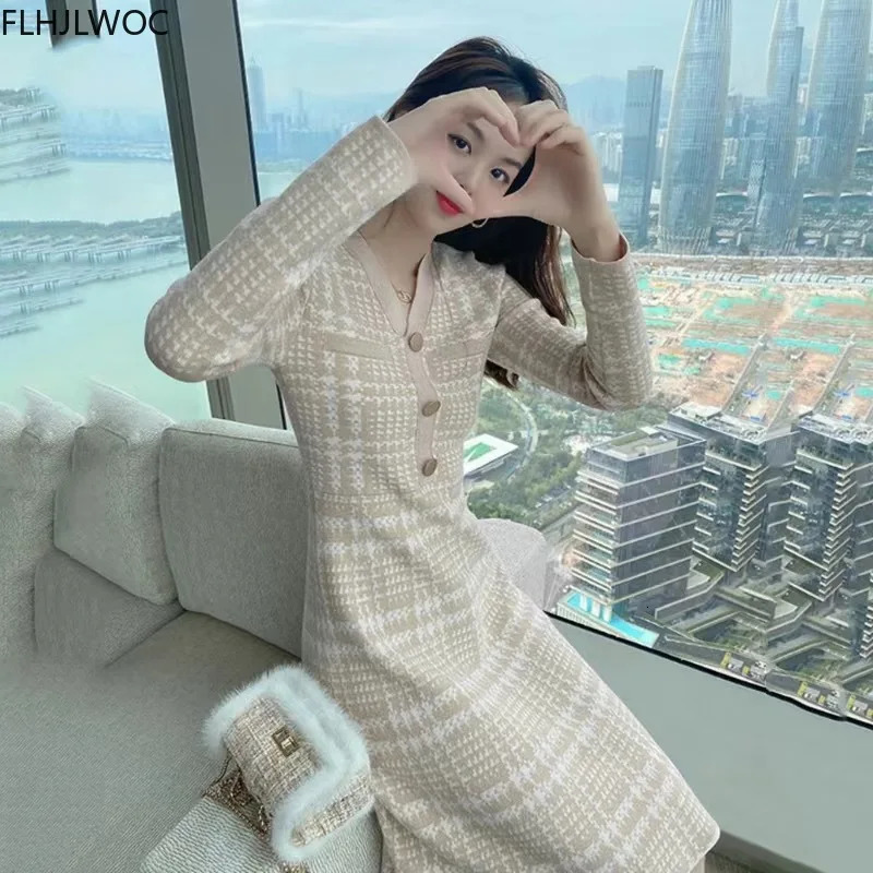 Stretchy Women Knitted Bodycon Sweater Pullover Dress Autumn Winter Vestidos Long Sleeve Slim Lady Chic Korean Plaid Dress 240106