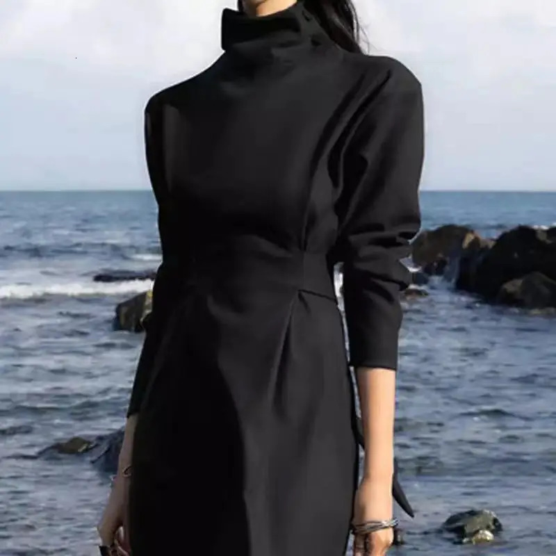 Autumn Elegant OL Temperament Long Dress Women Turtleneck Lace Up Solid Colour Party Dress Korean Vintage Female Clothes 240106