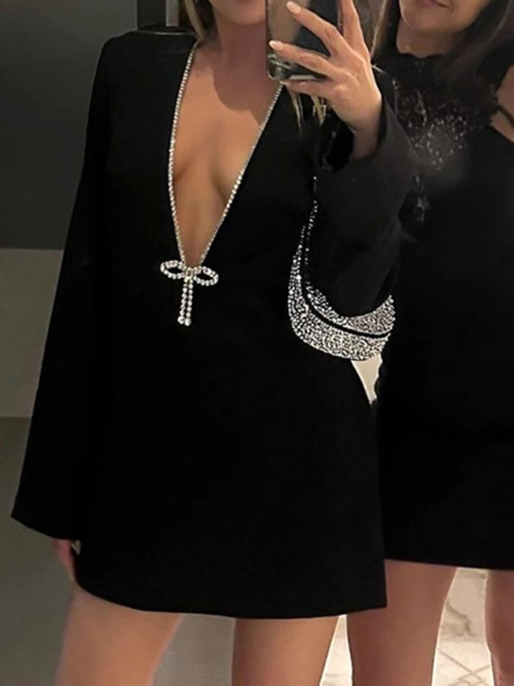Ladies Elegant Deep V Long Sleeve Mini Dress Women Fashion Solid Color High Waist Slim Dresses Female Nightclub Party Vestidos 240106