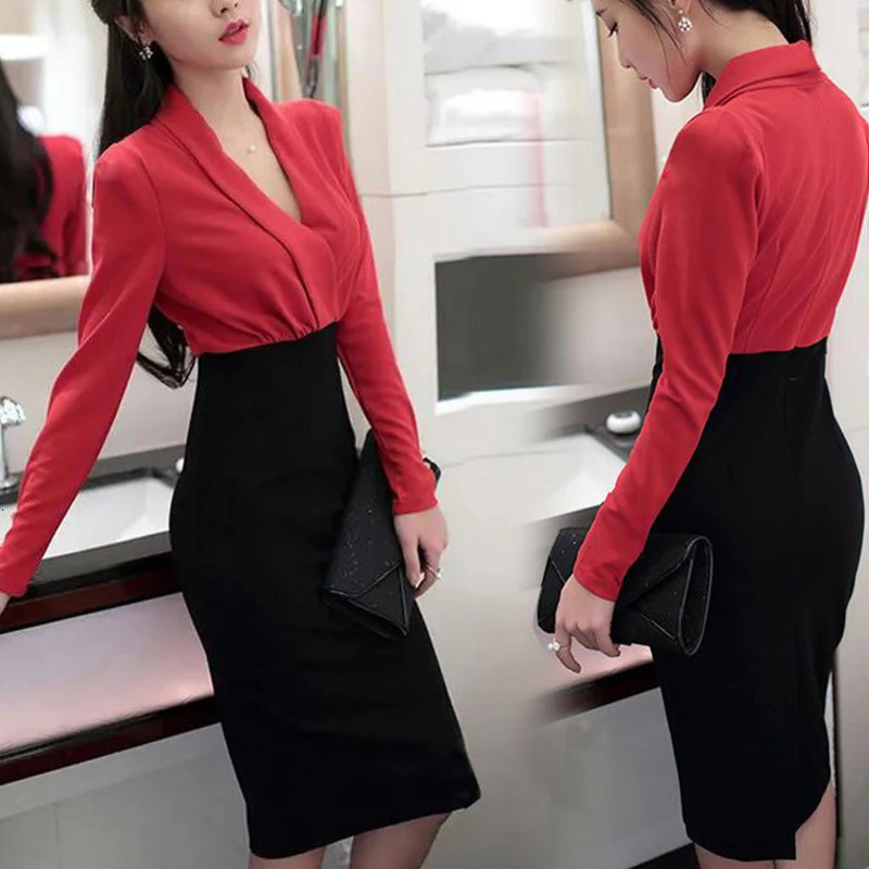 Summer Office Lady Elegant Fashion Patchwork Bodycon Dress Female Temperament Long Sleeve Waist Robe Women's V-neck Vestidos 240106