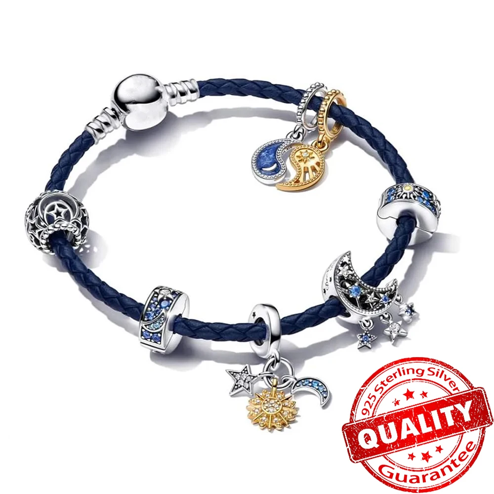 Original 925 Sterling Silver Sun Moon Star Triple Celestial Dangle Charm Fit Pan Bracelet Bangle Fine Jewelry DIY