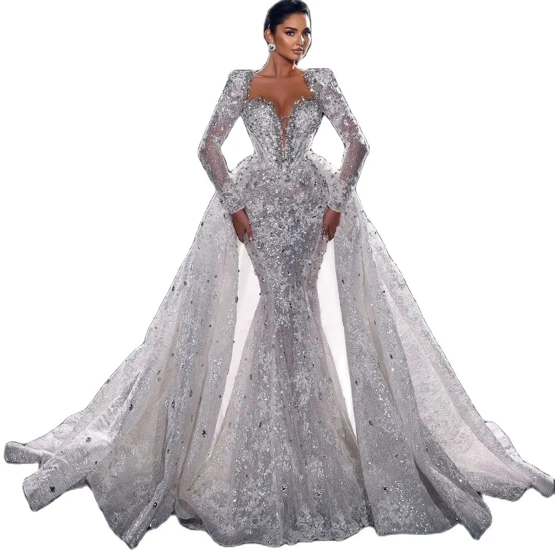 Crystal Mermaid Wedding Dresses Dia Bridal Gowns Detachable Illusion Long Sleeve Beaded V Neck Sweep Train Robe