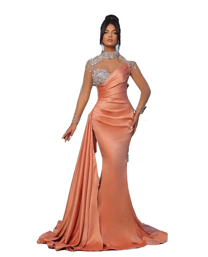 Sexy Prom Dresses High Neck Illusion Peach Purple Crystal Beads Mermaid African Plus Size Satin Evening Gowns Long Sleeves Robe De Bal 0703