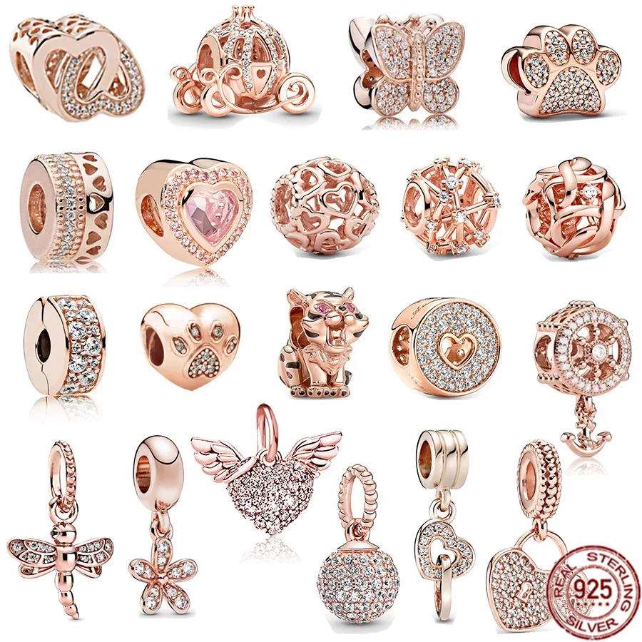 925 Silver Rose Gold Plated Glittering Claw Print and Butterfly Charm Beads Suitable for Bracelets, Jewelry Gifts, Free Shipping