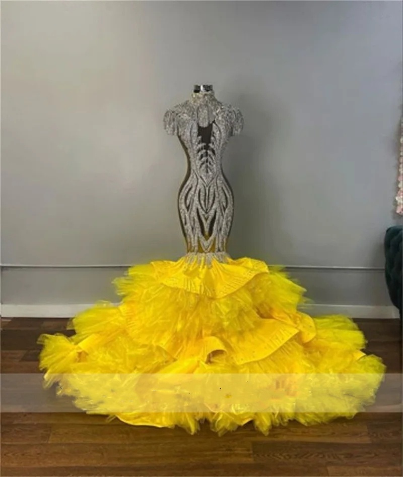 Luxurious Crystals Prom Dress For Black Girl 2024 Tiered Ruffles Beading Diamonds Birthday Party Robe De Bal Vestidos Gowns 0431