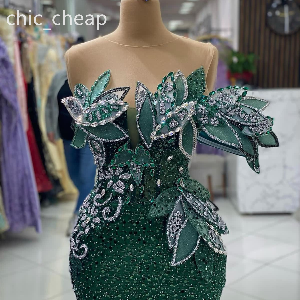 Aso Ebi Dark Green Mermaid Prom Dress Beaded Crystals Sequined Evening Formal Party Second Reception Birthday Engagement Gowns Dresses Robe De Soiree 