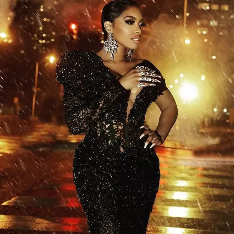 Sparkly Black Mermaid Prom Dresses 2024 Arabic African Lace Sequined Single Long Sleeve Women Plus Size Formal Evening Party Gowns
