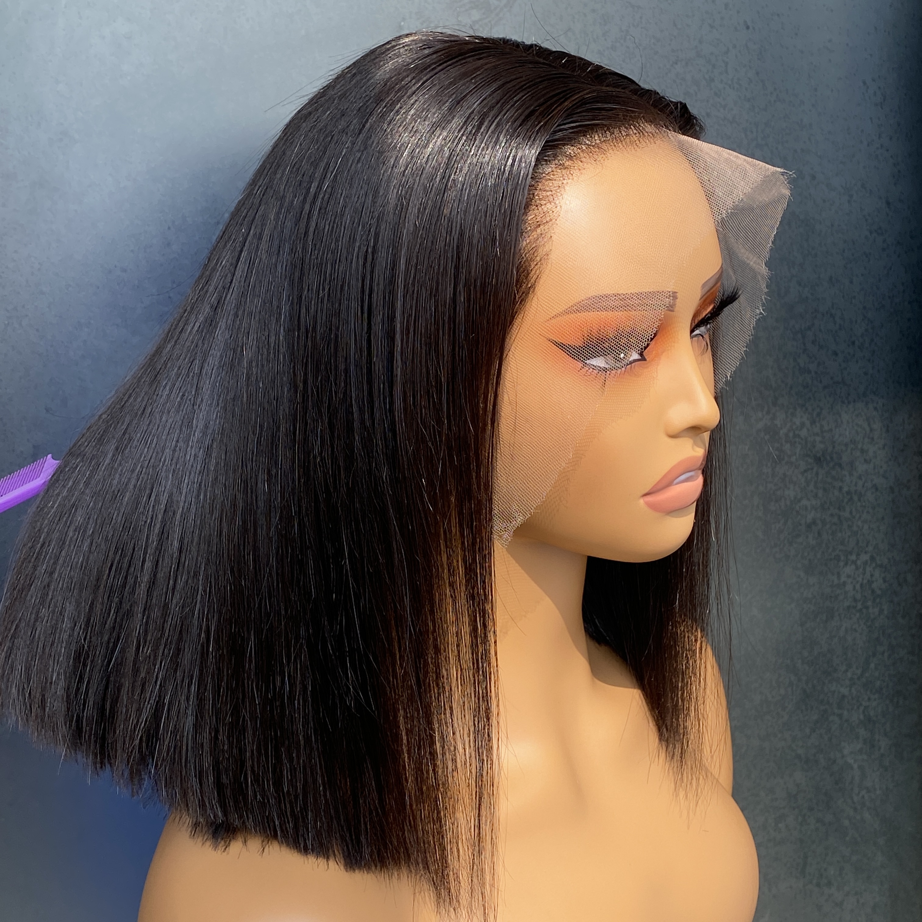 Brazilian Peruvian Vietnamese Double Drawn 12 Inch Natural Black Color 100% Raw Virgin Remy Human Hair Silky Straight 13x4 HD Lace Wig