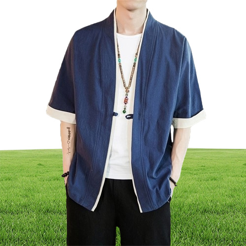 Men Cotton Linen Jacket China Style Kongfu Loose Kimono Cardigan Overcoat Open Stitch Coat Male Windbreaker 5XL Y201026
