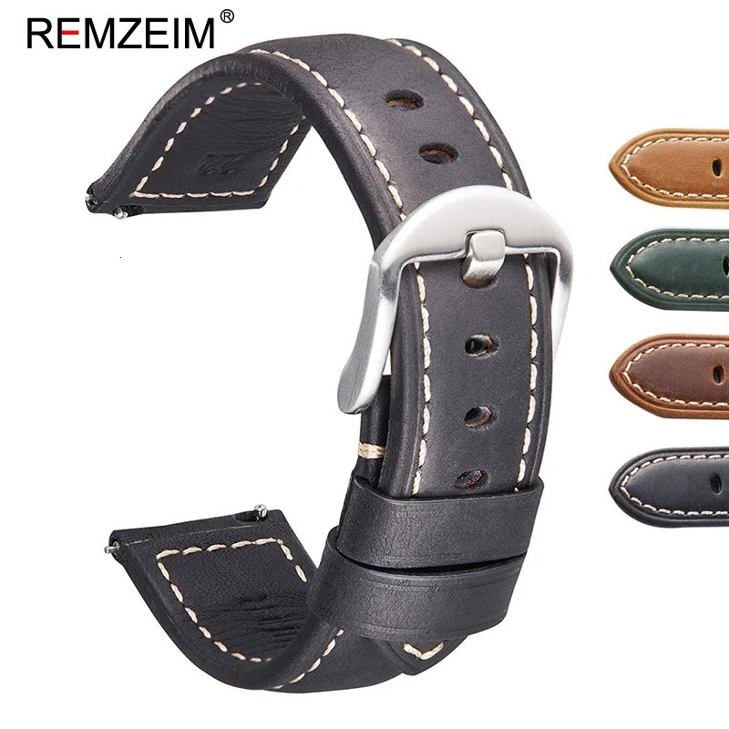REMZEIM Genuine Leather Watch Band 20mm 22mm 24mm 26mm Quick Release Crazy Horse Strap Watchband Accessories 240106