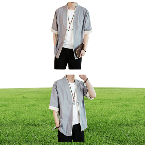 Men Cotton Linen Jacket China Style Kongfu Loose Kimono Cardigan Overcoat Open Stitch Coat Male Windbreaker 5XL Y201026
