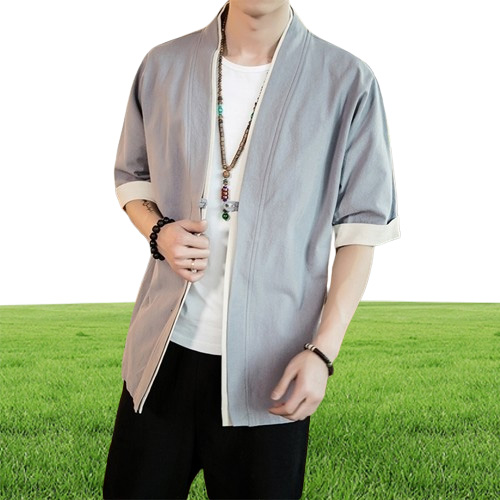 Men Cotton Linen Jacket China Style Kongfu Loose Kimono Cardigan Overcoat Open Stitch Coat Male Windbreaker 5XL Y201026