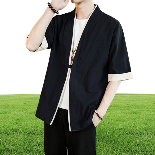 Men Cotton Linen Jacket China Style Kongfu Loose Kimono Cardigan Overcoat Open Stitch Coat Male Windbreaker 5XL Y201026