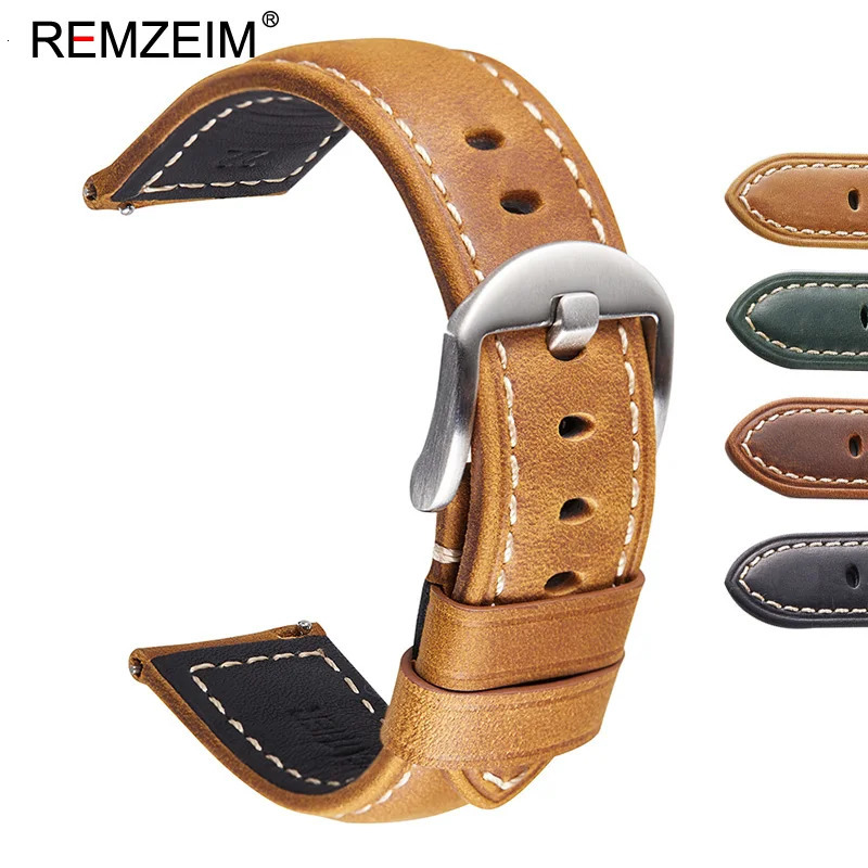 REMZEIM Genuine Leather Watch Band 20mm 22mm 24mm 26mm Quick Release Crazy Horse Strap Watchband Accessories 240106