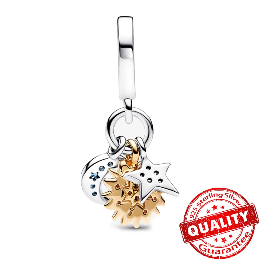 Original 925 Sterling Silver Sun Moon Star Triple Celestial Dangle Charm Fit Pan Bracelet Bangle Fine Jewelry DIY