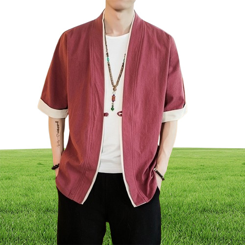 Men Cotton Linen Jacket China Style Kongfu Loose Kimono Cardigan Overcoat Open Stitch Coat Male Windbreaker 5XL Y201026