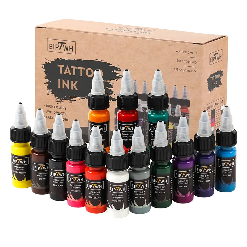 15ml 14colors Tattoo Ink Pigment with box Body Art Tattoo Kits Professional Beauty Paints Makeup Tattoo Supplies Semi-permanent 240108