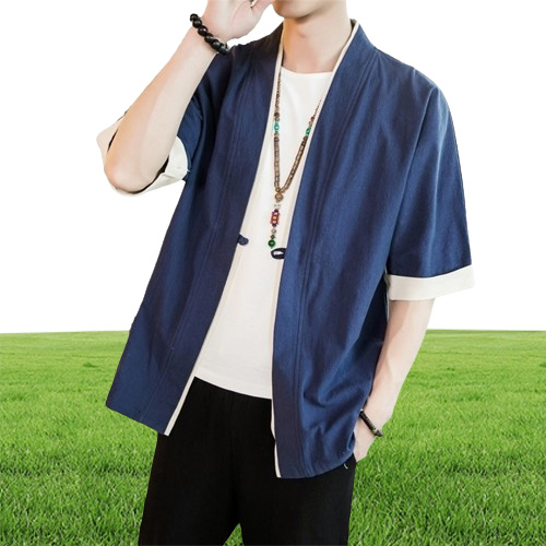 Men Cotton Linen Jacket China Style Kongfu Loose Kimono Cardigan Overcoat Open Stitch Coat Male Windbreaker 5XL Y201026