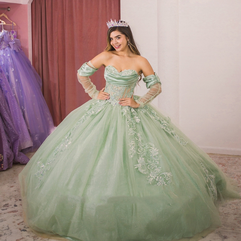 Sage Green Tulle Quinceanera 2024 Applique Beading Crytals ral Off the Shoulder Ball Gown Sweet 16 Party Princess Dress