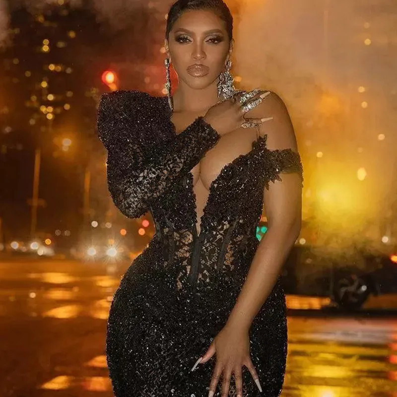 Sparkly Black Mermaid Prom Dresses 2024 Arabic African Lace Sequined Single Long Sleeve Women Plus Size Formal Evening Party Gowns