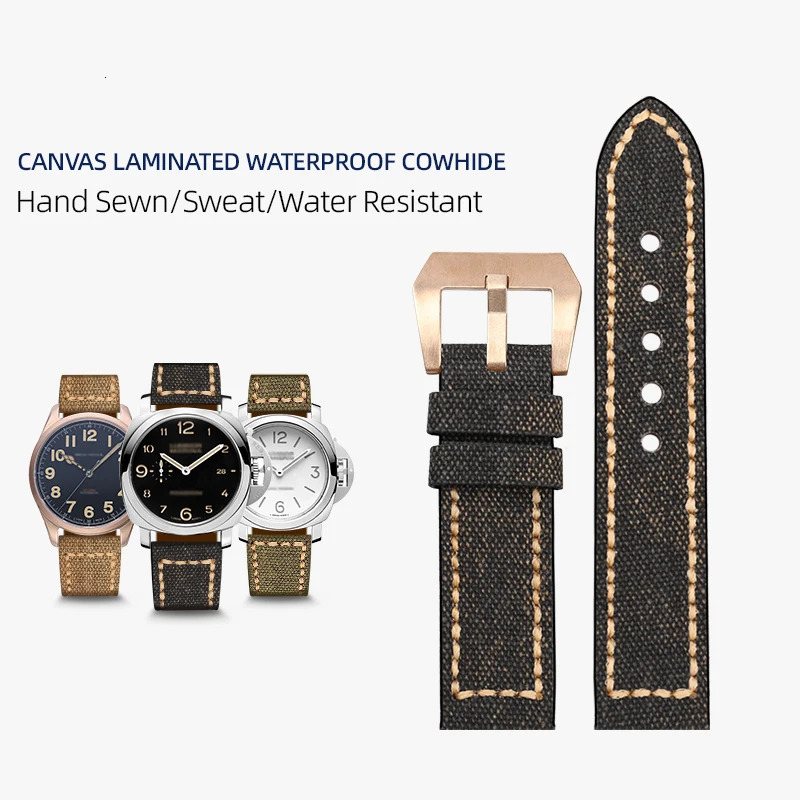 Canvas Laminated Leather Watchband 20 22 24 26mm for PAM111 441 Bronze Watch Accessories Cusn8 Buckle Mens Strap 240106