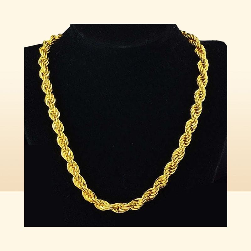 Hip Hop 24 Inches Mens Solid Rope Chain Necklace 18k Yellow Gold Filled Statement Knot Jewelry Gift 7mm Wide211W