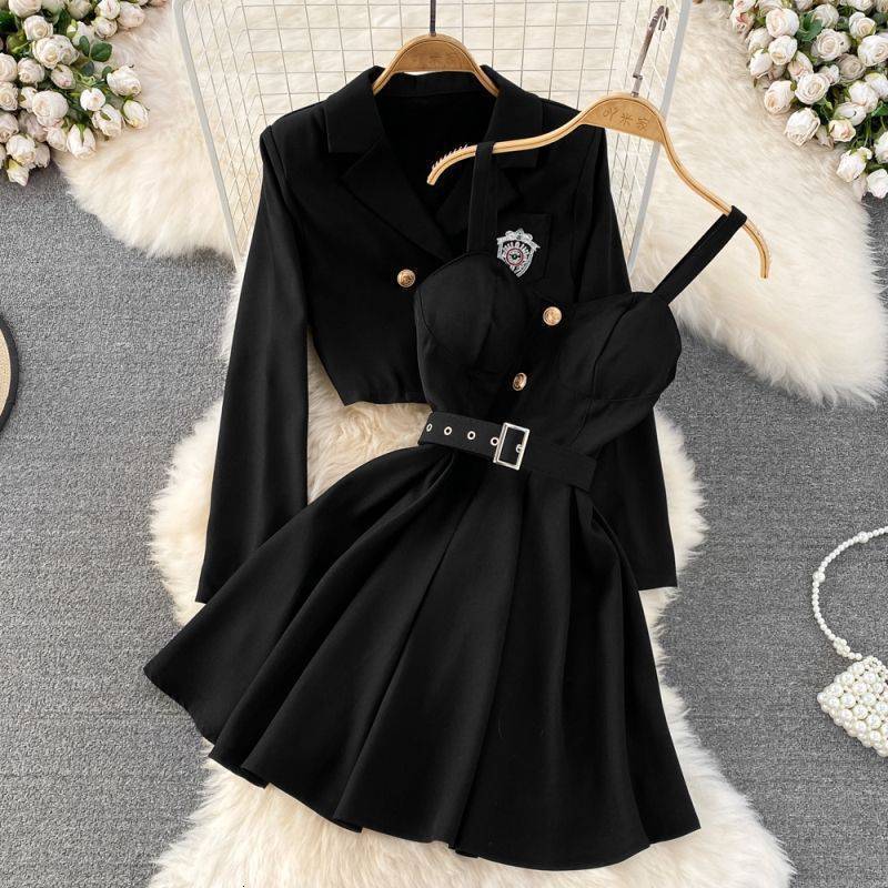 Large Women's Spring Set Women's 2023 New Korean Fashion Coat Waist Wrap Dress Two Piece Set Trendy 230508