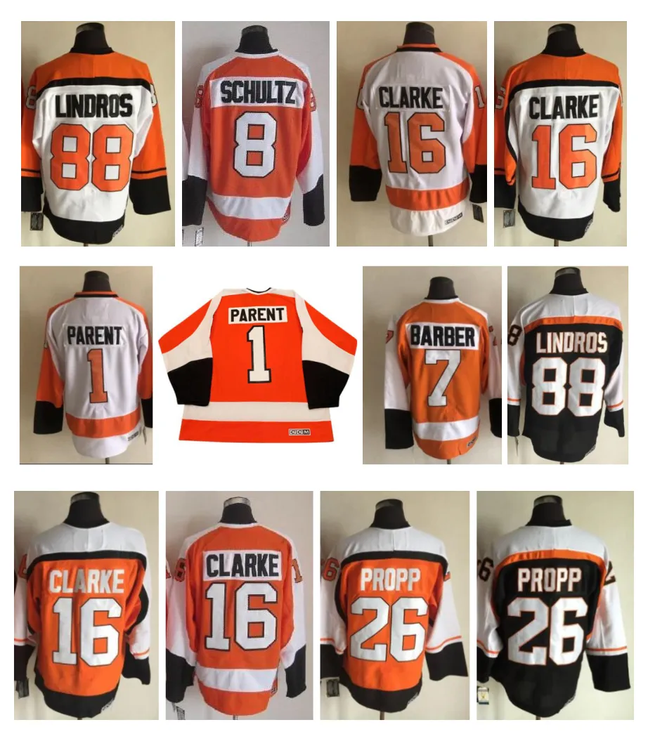 Vintage CCM Bobby Clarke Flyers Hockey Jersey Bernie Parent BILL BARBER Brian Propp Ron Hextall Eric Lindros Orange White Black Size S-XXXL