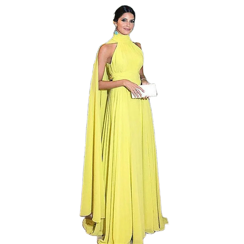 Elegant Arabic Dubai A Line Prom Dresses With Wrap Sleeveless High Neck Yellow Chiffon Formal Occasion Dress Floor Length Evening Gown 2024