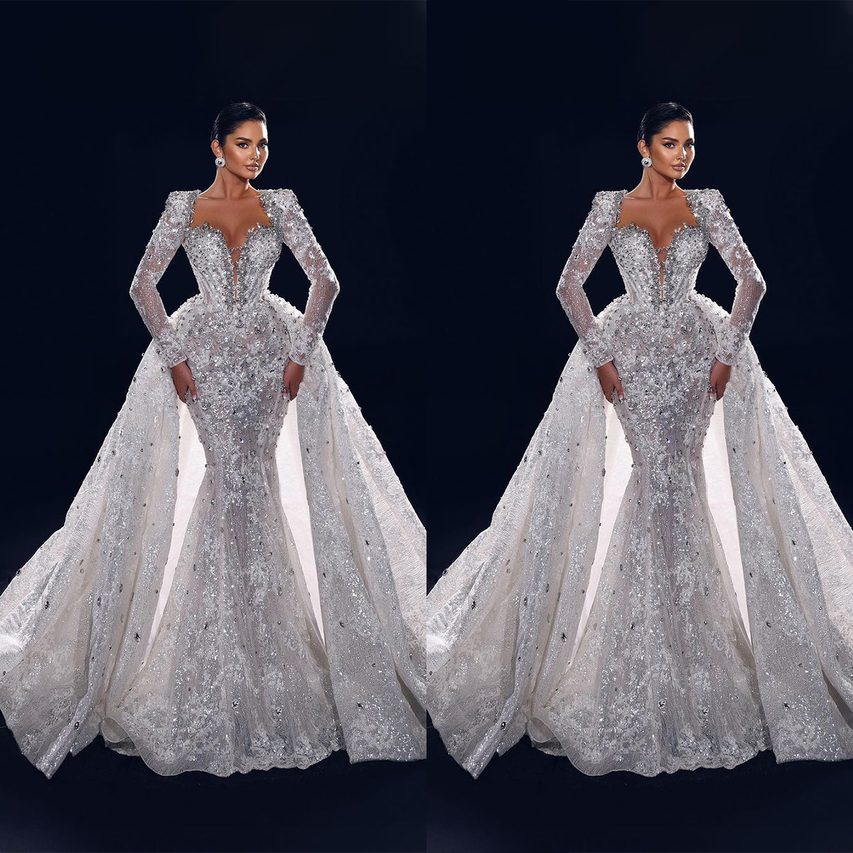 Crystal Mermaid Wedding Dresses Dia Bridal Gowns Detachable Illusion Long Sleeve Beaded V Neck Sweep Train Robe