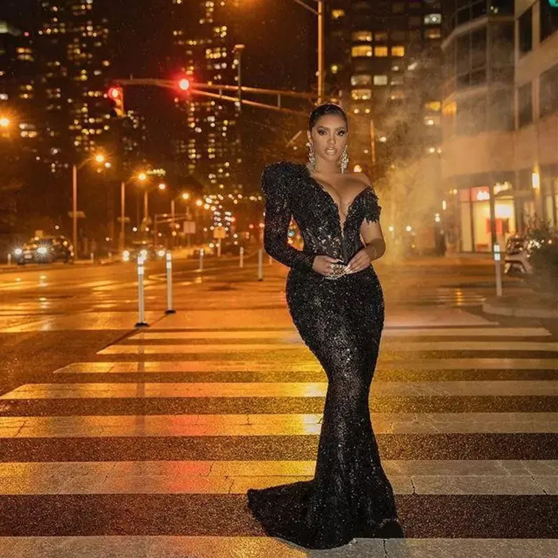 Sparkly Black Mermaid Prom Dresses 2024 Arabic African Lace Sequined Single Long Sleeve Women Plus Size Formal Evening Party Gowns