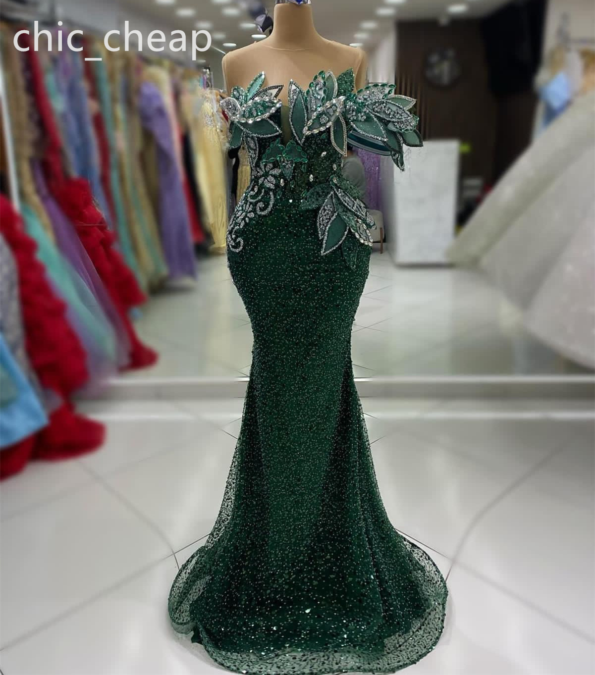 Aso Ebi Dark Green Mermaid Prom Dress Beaded Crystals Sequined Evening Formal Party Second Reception Birthday Engagement Gowns Dresses Robe De Soiree 