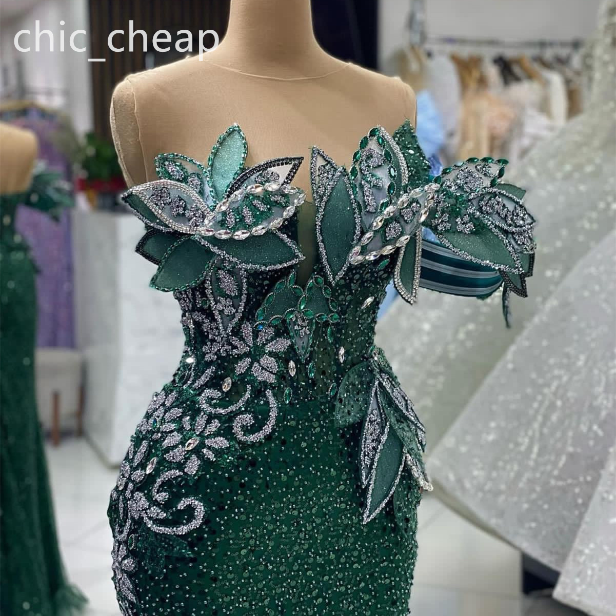 Aso Ebi Dark Green Mermaid Prom Dress Beaded Crystals Sequined Evening Formal Party Second Reception Birthday Engagement Gowns Dresses Robe De Soiree 