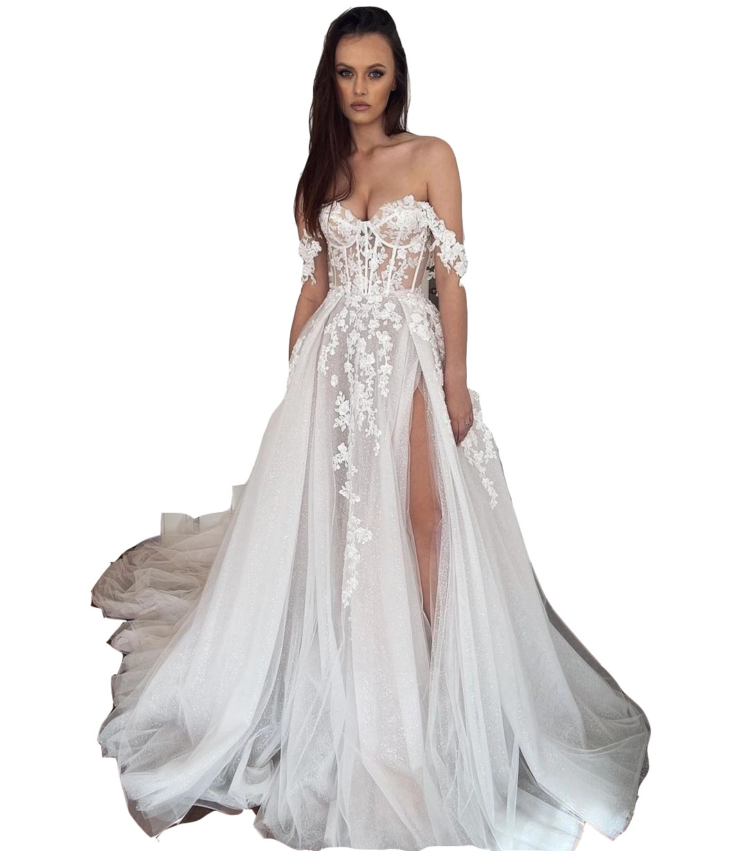 2024 Bohemian Western Country A Line Wedding Dresses Sexy Off The Shoulder Illusion Lace Appliqued Vintage Sequined Bridal Gowns Thigh Split Tulle Rob