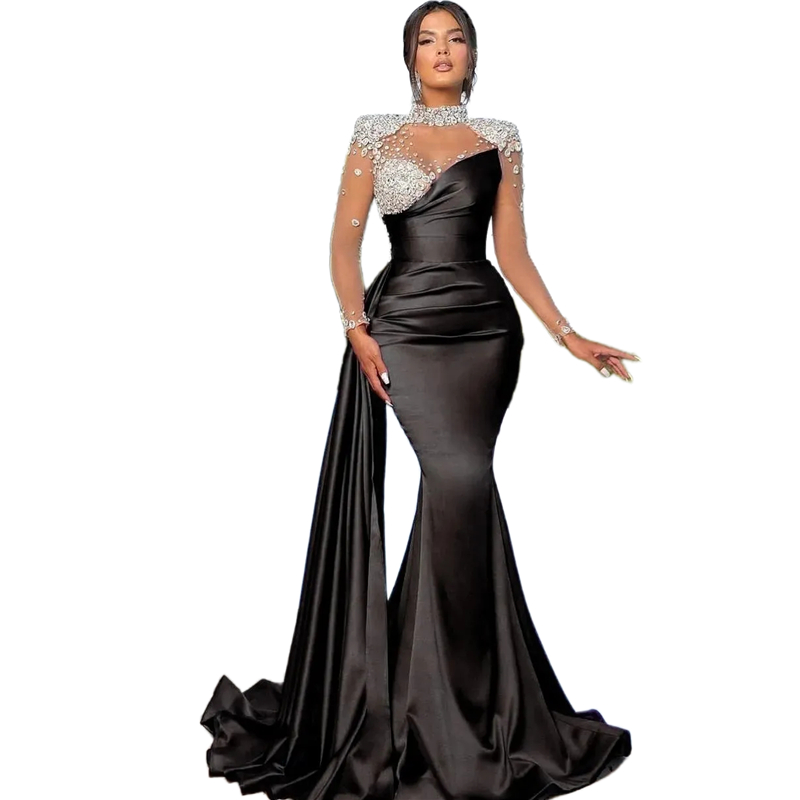 Crystals Beaded Black Mermaid Prom Dresses Sheer Long Sleeves High Neck Slim Formal Evening Gowns Modern Dubai Celebrity Party Dress For Women