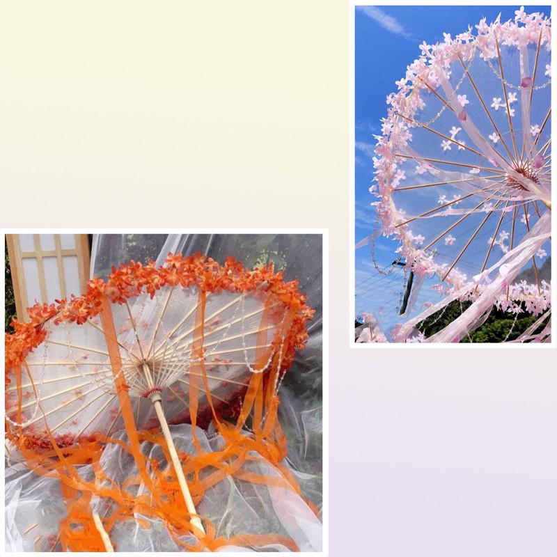 Umbrellas Mu ranju original antique Hanfu flower umbrella versatile cos super fairy Lolit yarn umbrella bead chain streamer aesthe2239504