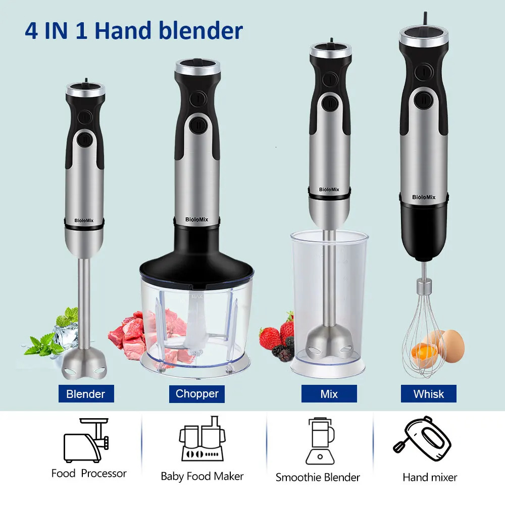 BioloMix 1200W 4in1 Immersion Hand Stick Blender Mixer Vegetable Meat Grinder 800ml Chopper Whisk 600ml Smoothie Cup 240109